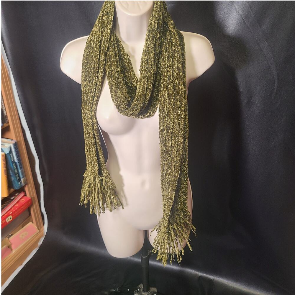 Extra Long Fuzzy Knit Forest Green Fringe Ribbed Scarf